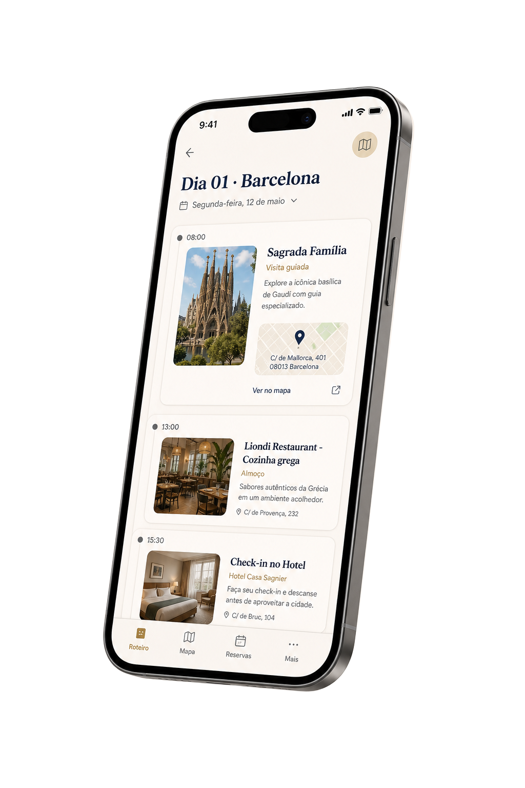 Mockup de celular mostrando o roteiro do Dia 01 em Barcelona
